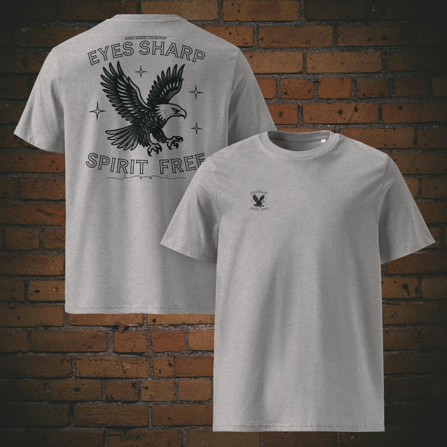 Eyes Sharp Spirit Free – Adler Krafttier Bio T-Shirt Unisex Vintage Schwarz - Druck auf Brust und Rücken - Shirt in der Farbe: hellgrau
