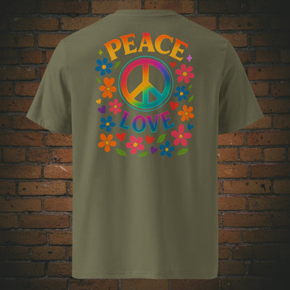 T-Shirts mit buntem Peace-Zeichen und „Peace Love“-Spruch, umgeben von Blumen und Herzen im Hippie-Stil, Front- und Rückenansicht in khaki