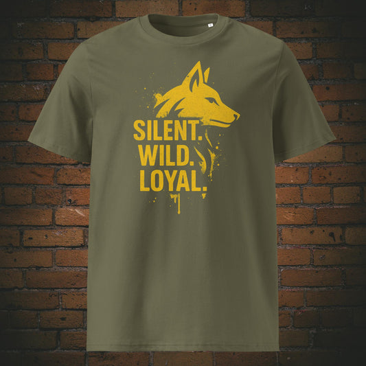 Streetstyle-T-Shirt mit minimalistischer Wolf-Silhouette in Gelb und ausdrucksstarker Typografie – Symbol für Stärke, Wildheit und Treue. Shirt in der Farbe: Khaki