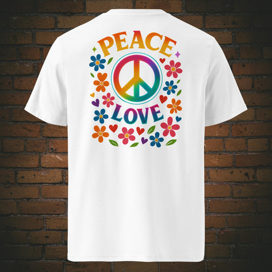 T-Shirts mit buntem Peace-Zeichen und „Peace Love“-Spruch, umgeben von Blumen und Herzen im Hippie-Stil, Front- und Rückenansicht in weiß