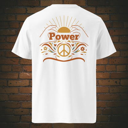 T-Shirts mit Peace-Zeichen, Sonnenaufgang und dem Schriftzug „Power“, umrahmt von floralen Elementen und stilisierten Händen – Front- und Rückenansicht auf weißen Shirt