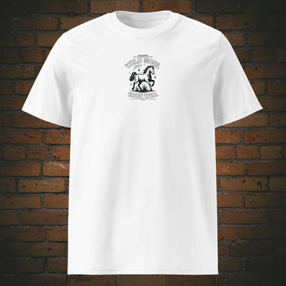 Wild Soul Iron Will – Pferd Krafttier Bio T-Shirt Unisex - Druck Vorderseite auf Bio-Baumwolle in der Farbe: weiß