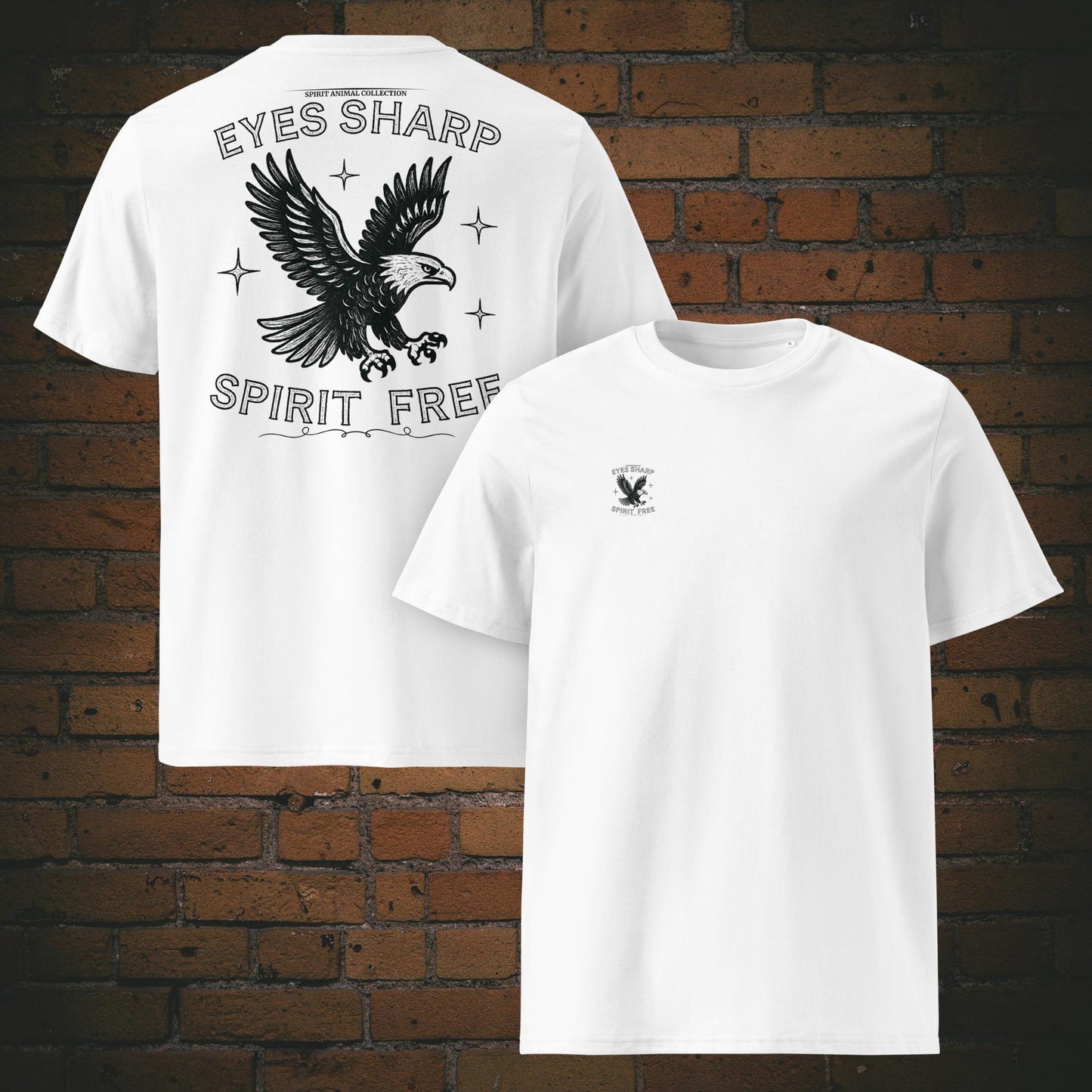 Eyes Sharp Spirit Free – Adler Krafttier Bio T-Shirt Unisex Vintage Schwarz - Druck auf Brust und Rücken - Shirt in der Farbe: weiß